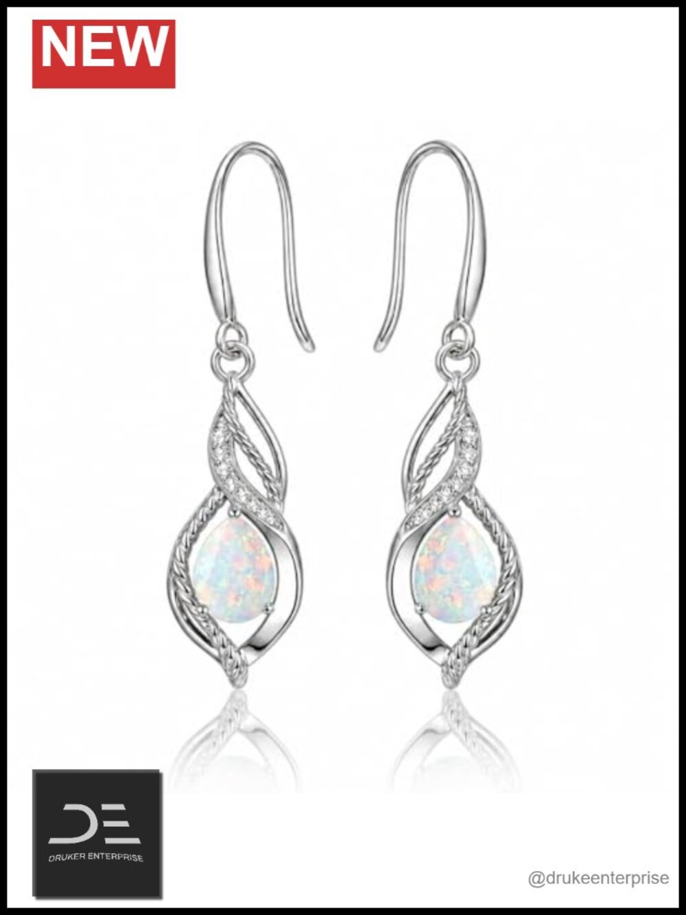 Handmade White Gold Plated Opal Drop Earrings Hypoallergenic Infinity Twist